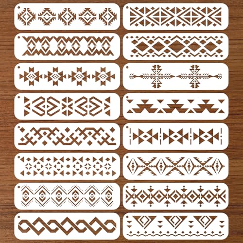 Aztec Stencils, 16Pcs Reusable Boho Border Templates, Geometric Templates for Painting on Walls, Wood, Furniture & Canvas, Tribal Stencils for Home Decor, 11.8" x 3"
