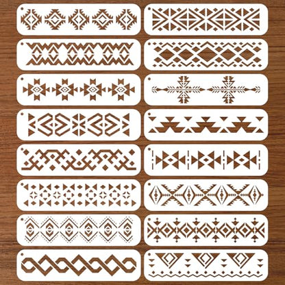 Aztec Stencils, 16Pcs Reusable Boho Border Templates, Geometric Templates for Painting on Walls, Wood, Furniture & Canvas, Tribal Stencils for Home Decor, 11.8" x 3"