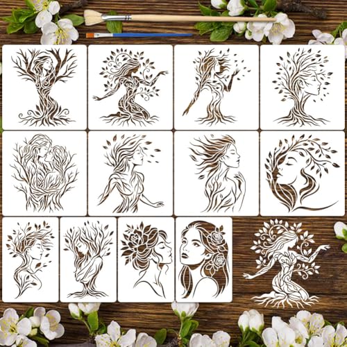 12pcs Tree of Life Stencils for Painting Woman Drawing Stencils for Crafts Reusable Large Trees Branches Leaves Templates with Brushes Painting on Wood Wall Glass Furniture DIY Scrapbook - style: Tree of Life