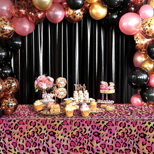 OQOQ Leopard Print Party Decorations Tablecloth (Pink and Gold, 4 Packs), 54x108inches Shimmer Shining Table Cloth Plastic Disposable Table Cover for Girl Sparkly Paint Splatter Cheetah Birthday Party