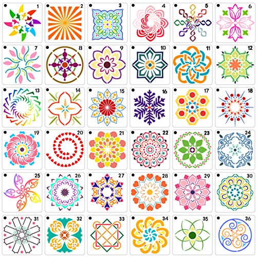 36 PCS Reusable Mandala Stencils for Painting Rocks Wood Canvas Fabric Glass Pottery Art Projects - color: Mandala
