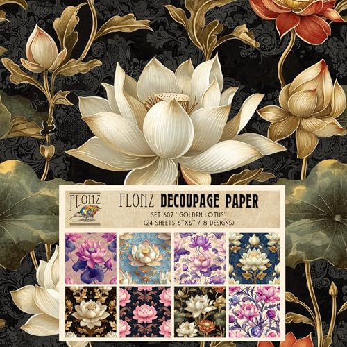Decoupage Paper Pack (24 Sheets 6"x6") Golden Lotus: Grand Lotus Blooms in Ivory and Gold on Rich Deep Blue for a Regal Touch # Vintage Styled Paper for Craft and Scrapbooking - color: ThirtyFive