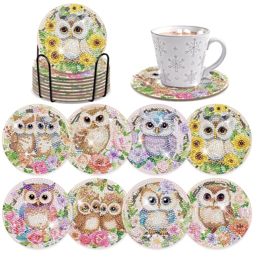 Diamond Painting Coasters Kit - 8 PCS Owl Diamond Art Kits for Adults Crafts Set for DIY Flower Coasters with Holder Table Home Decor Christmas Birthday Gift for Beginners Adult - color: Owl