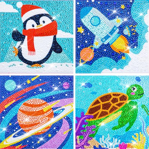 Labeol Diamond Art Kits for Kids Crafts for Girls Ages 6-8-10-12 Easy to DIY Creative Diamond Art Sticker Craft by Numbers Kits for Kids and Adult Beginners (4 Pack boy) - style: 4 pack boy