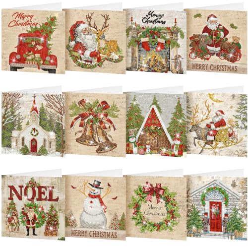 Saillong 12 Pack Vintage Christmas Diamond Painting Greeting Card Kits DIY Red Retro Christmas Diamond Art Cards with Envelopes Xmas 5D Rhinestones Painting kit for Adults DIY Craft Family Xmas Gifts - color: Vintage Xmas