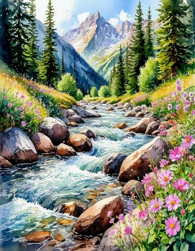 ALEXMACLIST 5D Diamond Painting Kit for Adults, Watercolor Mountain Stream Landscape DIY Diamond Art, Full Drill Rhinestone Craft for Home Decor, 12x16 Inches - color: Mountain Stream