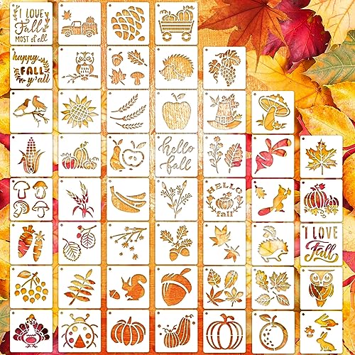 50 PCS Fall Painting Stencils Reusable Fall Stencils for Painting on Wood Rocks Canvas Fabric Glass Pottery 4x4 Inch - color: Fall