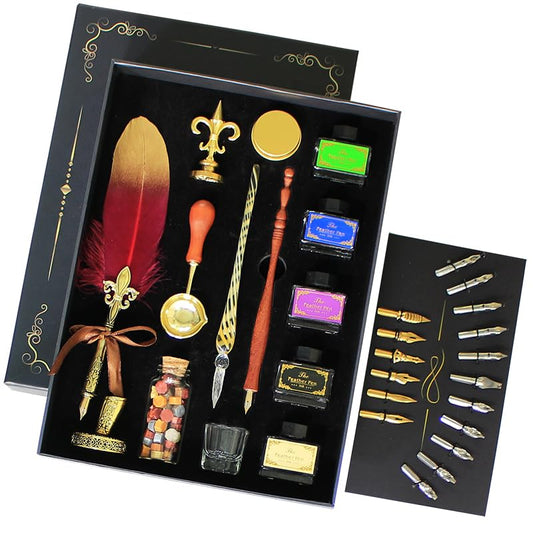 Quill Pen Ink Set,includes gold quill pen,wooden dip pen,glass dip pen,5 bottles ink,17 Replaceable Nibs,1 bottle of wax,spoon,wax sealing stamp,candle,pen holder, Cup. (Red)