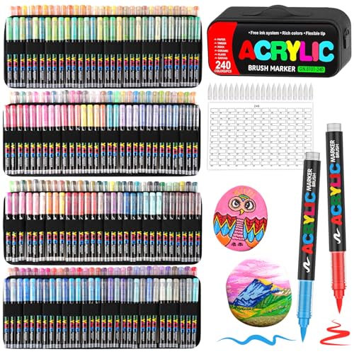 240 Colors Soft Brush Tip Acrylic Markers Set, Paint Pens for Rock, Wood, Fabric, Canvas, Glass, DIY Crafts, Waterproof Paint Markers, Vibrant Acrylic Pens for Artists and Art Projects (BAG) - color: 240 colors BAG