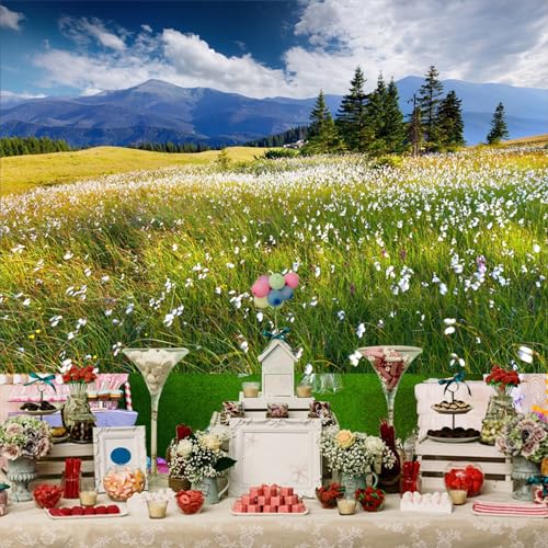9x6ft Vinyl Summer Landscape Backdrops for Photography Background Blooming Flower Mountain Landscape Grass Field Vacation Holiday Party Backdrop Children Adults Portraits Photo Studio - size: 9x6ft
