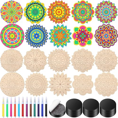 Cinnvoice 104 Pcs Wooden Mandala Magnet DIY Mandala Fridge Magnet Craft Painting Kit Included 40 Unfinish Wood Cutout 24 Colored Pen 40 Self Adhesive Magnets for Refrigerator Decor(Stylish) - style: Stylish