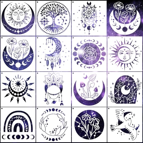 AFRITEE Moon Stencils for Painting on Wood - 12 Pieces Celestial Astrology Mysterious Sun Moon Dream suncatcher Reusable Plastic Painting Template, Boho Bohemia Tree of Life Stencil for Drawing - style: Bohemian Moon