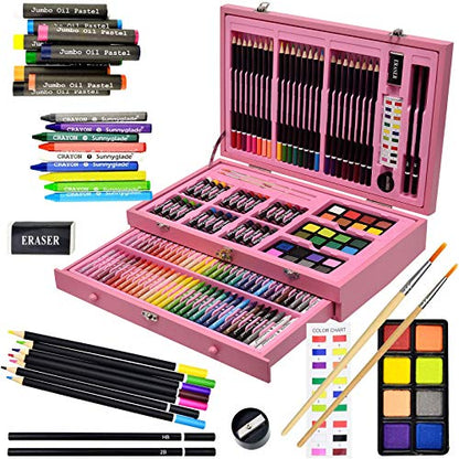 Sunnyglade 145 Piece Deluxe Art Set Wooden Art Box & Drawing Kit Pink - color: Pink