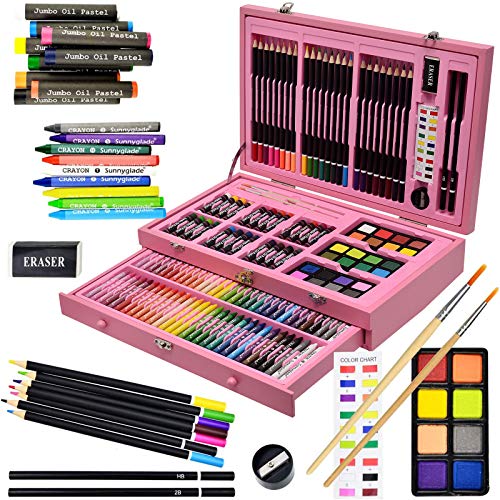 Sunnyglade 145 Piece Deluxe Art Set Wooden Art Box & Drawing Kit Pink - color: Pink