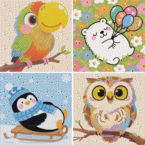 UiSdfuy Diamond Art Kits for Kids,Arts & Crafts for Kid Ages 8-12,Diamond Art for Kids,Gem Art 4 Pack Diamond Painting 6" X 6" (Penguin Bear Parrot Owl) - color: Penguin Bear Parrot Owl