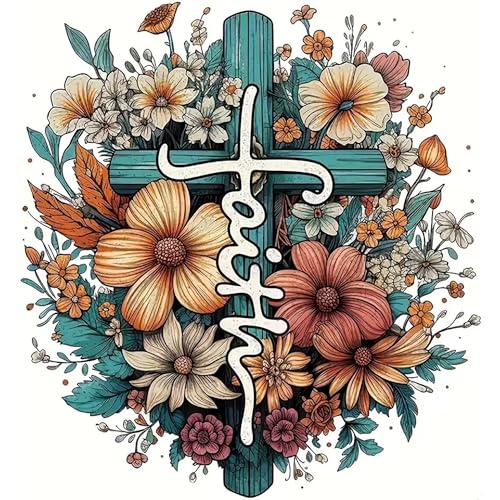 Ohhvvow Cross Flowers Diamond Art Painting Kits for Adults, 14x14 Inch Full Drill DIY 5D Diamond Painting Kits with Tools, Home Decor Craft for Relaxation & Stress Relief - color: Jesus Cross