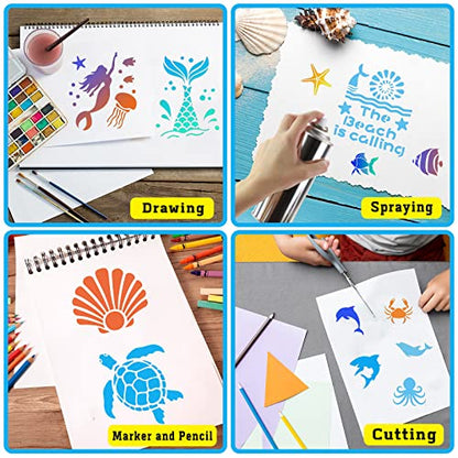 80 Pcs 3 x 3 Inch Stencils for Painting on Wood, Reusable Sea Ocean Creatures Mermaid Dolphin Shark Plastic Stencils DIY Craft Paint Template Set for Wall Home Decor - style: Ocean