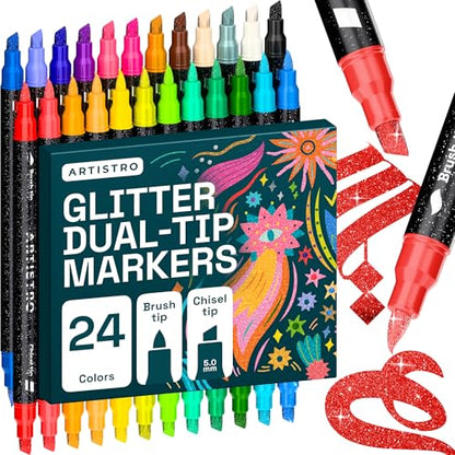 ARTISTRO 24 Sparkly Glitter Dual-Tip Paint Pens – Dazzling Markers with Acrylic Ink for Rock, Ceramic, Wood, Fabric, & More – Brush + Chisel Tips