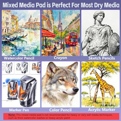 joibabe Spiral Bound Mixed Media Sketchbook, 160 GSM Heavyweight Acid Free Paper, 60 Sheets, 9x12 Inch Art Notebook for Drawing, Watercolor, Acrylic, Sketching, 2 Pack - size: 9" x 12"