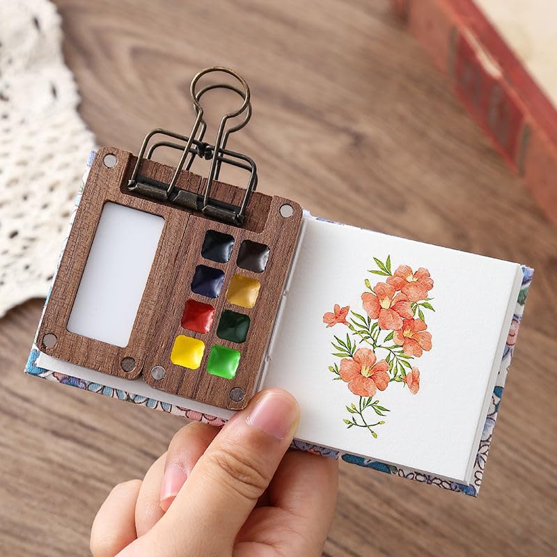 Portable Sketchbook Palette Set - 8 Grids Mini Wood Travel Paint Palette Box for Gouache, Acrylic Painting - Comes With Watercolor Paper Journal, Brush Pens and Clip