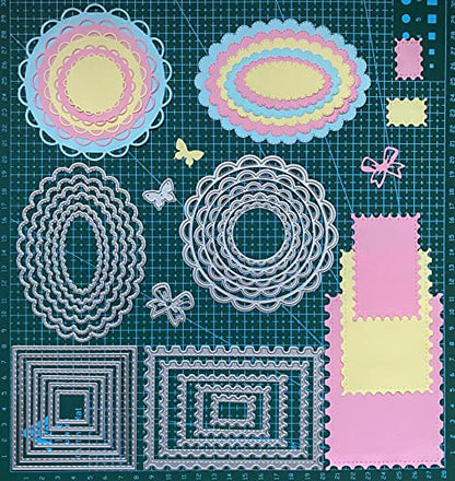 Cutting Dies Stencil Flower Round Square Rectangle Oval Ellipse Nested Stitched Frame Metal Mould for DIY Scrapbook Album Paper Card - style: Wavy edge dies set