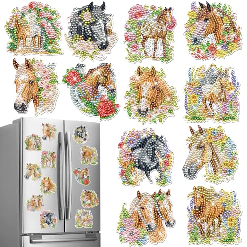 INCOK Diamond Art Refrigerator Magnets - 12 PCS Horse Diamond Painting Fridge Magnet Stickers Kits DIY Refrigerator Diamond Art Craft for Adult Beginners Home Decors Christmas Gift Horse Lover - color: Horse