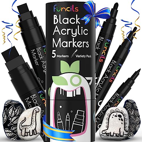 5 Black Acrylic Paint Marker Pens for Rock Painting, Wood, Glass | Fine Tip, Thin Point & Jumbo Black Paint Pen (1mm, 3mm, 6mm, 10mm, 15mm) for Plastic, Canvas, Fabric, Tire, Metal, Glass - color: Black
