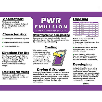 Ecotex® PWR Screen Printing Emulsion - Plastisol & Water Based Ink, 1 Pt | Premixed And Pre-Sensitized, Water Resistant Formula - Works With LED, DIY Halogen, Or UV Exposure Units - 1 Pint - size: 16 Fl Oz (Pack of 1)