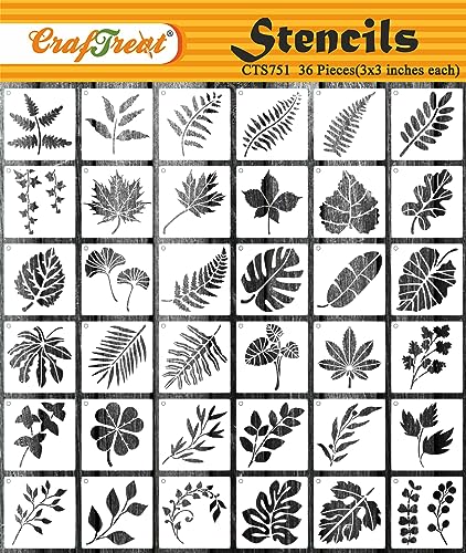 CrafTreat Reusable Geometric Stencil Set for Painting on Wood, Wall, Furniture, Canvas, Paper & Fabric – 12 Piece DIY Craft Paint Stencils 6x6 Inches - size: 36 Pcs - 3"X3", style: Small Tropical Leaves