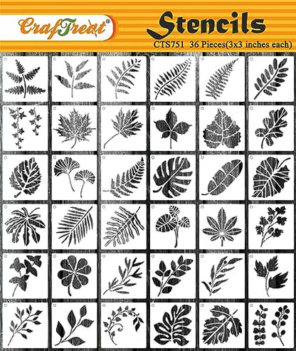 CrafTreat Reusable Geometric Stencil Set for Painting on Wood, Wall, Furniture, Canvas, Paper & Fabric – 12 Piece DIY Craft Paint Stencils 6x6 Inches - size: 36 Pcs - 3"X3", style: Small Tropical Leaves