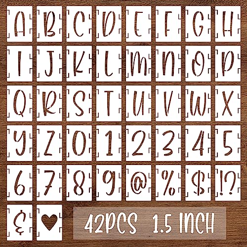 BAMIDELE 1.5 Inch Alphabet Letter Stencils, 42 Pcs Reusable Plastic Letters NumbersSymbol Interlocking Drawing Template Kit for Painting on Wood, Fabric, Rock, Chalkboard, Door Porch, Wall, Signage - size: 1.5 Inch