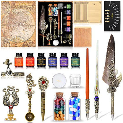 Quill Pen Ink Set, With Quill Pen, Wooden Dip Pen, Glass Dip Pen, 6 Bottles Ink, 16 Letter Paper, 2 Envelopes, 17 Nibs, Pen Holder,2 Bottles Fire Lacquer Wax, Stamp, Spoon, White Wax, Cup(Grey) - color: Grey