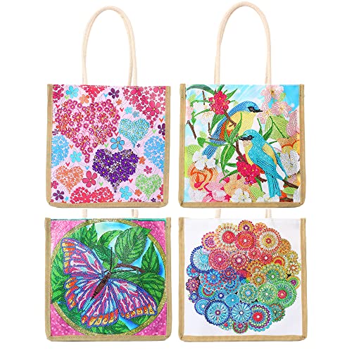 DOOSAI Diamond Painting Canvas Tote Bags 4 Pack Boho Diamond Dots Art Kits Shoulder Bags 5D DIY Handbags Handmade Gifts Reusable Shopping Bags with Handle for Women Adults(Bird Butterfly Mandala Love) - color: 4 Pack Birds Butterfly Mandala-Flower Love