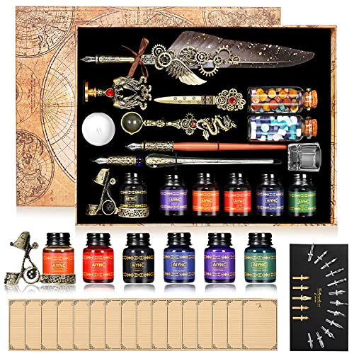 Quill Pen Ink Set, With Quill Pen, Wooden Dip Pen, Glass Dip Pen, 6 Bottles Ink, 16 Letter Paper, 2 Envelopes, 17 Nibs, Pen Holder,2 Bottles Fire Lacquer Wax, Stamp, Spoon, White Wax, Cup(Grey) - color: Grey