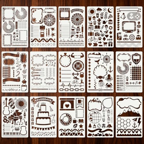 Diary Planning Stencils for Crafts Reusable 15Pcs Stencils(7.8X5.1 Inch) | DIY Art Painting Stencil Furniture Decor Kit for Wood Embroidery Wall Silk Screen Journaling - color: Diary 1