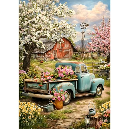 MXJSUA Vintage Farm Truck Diamond Art Painting Kits for Adults, Full Drill 5D Round Dots Diamonds Paint Picture for Beginners, Gem Art Painting Craft Kits for Home Decor Gift 12x16 inch - color: Vintage Farm Truck