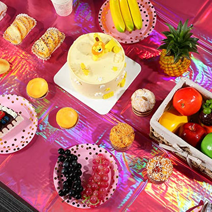 4 Pack Hot Pink Iridescent Plastic Tablecloths Shiny Disposable Laser Rectangle Table Covers Holographic Foil Tablecloth Iridescent Party Decorations Birthday Bridal Wedding Christmas, 54 x 108 Inch - color: Hot Pink