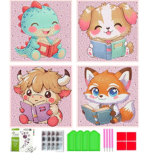 4 Pack Animal Diamond Art Kits for Kids - 5D Diamond Painting Kits for Kids | Diamond Art Painting Kit for Kids With Box,Full Round Drill Gem Art Diamond Dots DIY Crafts for Girls Boy or 7 x 7 Inch - color: Animals Reading Books