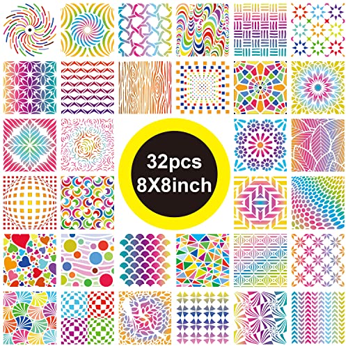 32 Pieces Geometric Stencils 8 x 8 Inch Painting Templates Mandala Stencil for Scrapbooking Cookie Tile Furniture Wall Floor Decor Craft Drawing Tracing DIY Art Supplies - size: 8inch-2