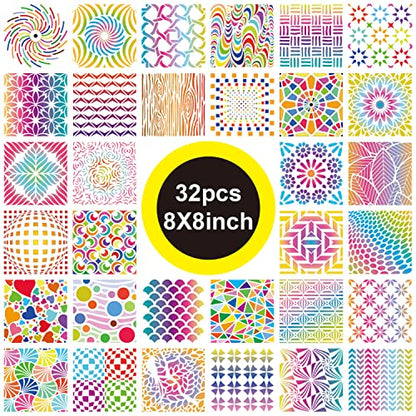 32 Pieces Geometric Stencils 8 x 8 Inch Painting Templates Mandala Stencil for Scrapbooking Cookie Tile Furniture Wall Floor Decor Craft Drawing Tracing DIY Art Supplies - size: 8inch-2
