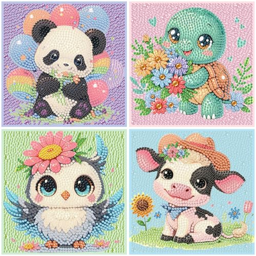 4 PCS Animal Diamond Art Painting Kits for Kids Ages 4-8-12 (6x6 inch) | Panda Sea Turtle Owl Cow Diamond Art for Kids Ages 4-8-12, Gem Painting Kit Crafts Beginners for Gift Home Wall Decor - color: CC782+CC783+CC784+CC785