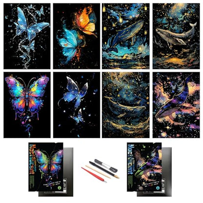 DESINIK Scratch Painting Art Paper Scratch Art for Adults Creative DIY Art Craft Gift Scratch Rainbow Painting Luminous Paper Set with 4 Tools 11.7''x8.3''(Whale&Butterfly) - color: Whale&Butterfly