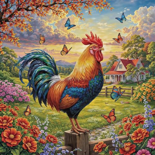 Diamond Painting Kit for Adults small diamond painting kits Colorful Rooster Farm Scene Full Drill Diamond Art DIY Embroidery Kit Butterfly Garden Landscape Home Wall Decor 14X14 Inch - color: FYZZ-140