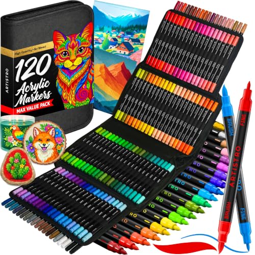 ARTISTRO Acrylic Paint Markers, Dual-Tip Paint Pens, Black 120 Pack | Brush & Fine Precision Tips, Painting & Calligraphy, Multisurface for Fabric, Rock, Glass Painting, Wood, DIY, Craft, Canvas - color: Black 120 Pack