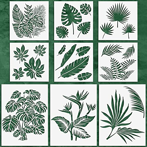 Tenare 9 Pieces Reusable Painting Stencil Plastic Paint Stencils Summer Pattern Drawing Templates Reusable Craft for Painting (Leaves) - style: Tropical