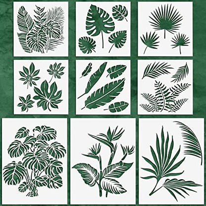 Tenare 9 Pieces Reusable Painting Stencil Plastic Paint Stencils Summer Pattern Drawing Templates Reusable Craft for Painting (Leaves) - style: Tropical