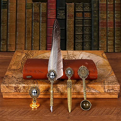 Aifeiter Feather Pen Ink Set,Includes Quill Pen,Notebook,Ink,5 Replaceable Nibs,Pen Holder,Cup,Seal Stamp,Spoon,Wax Bead,White Wax,Envelope & Letter Paper Etc.Feather Calligraphy Pen Set-Grey - color: Grey
