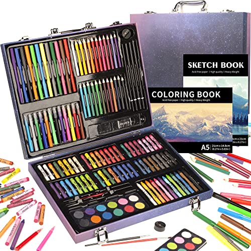 KINSPORY 150PC Art Set with Sketch Book, Coloring Art Kit Drawing Art Supplies Case, Markers Crayon Colour Pencils for Budding Artists Kids Teens Boys (Blue) - color: Blue