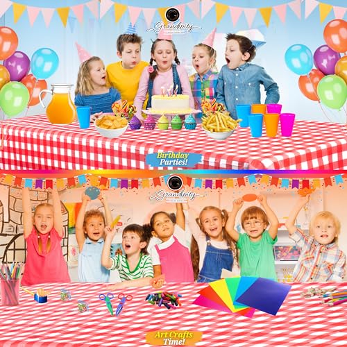 Grandipity Plastic Table Cloth Disposable 12 Pack 54” x 108” Rectangle | Red Gingham Plastic table covers, durable disposable tablecloths, fade and tear-resistent table cover for party, event - color: Red Gingham Checkered, size: 54in. x 108in. Rectangle