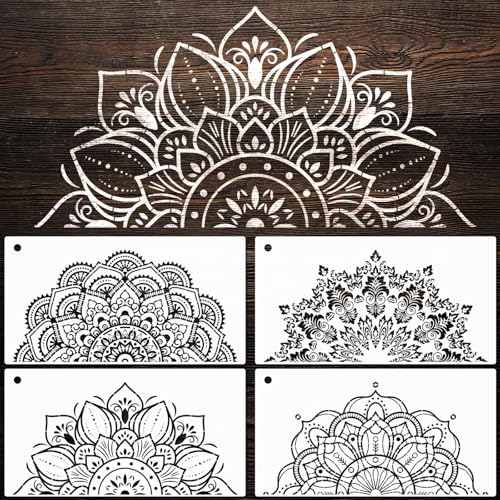 YKW 4 Pack Mandala Stencils for Painting - Reusable Large Mandala Templates - 14.5x7.7 Patterns for Wall, Fabric, Wood, Heterosexual Stone - DIY Home Decor Art Craft Supplies, Translucent and Soft - style: Large Half Mandala
